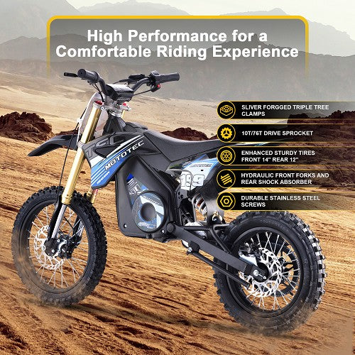 MotoTec 48v 1800w Pro Electric Dirt Bike Lithium Blue