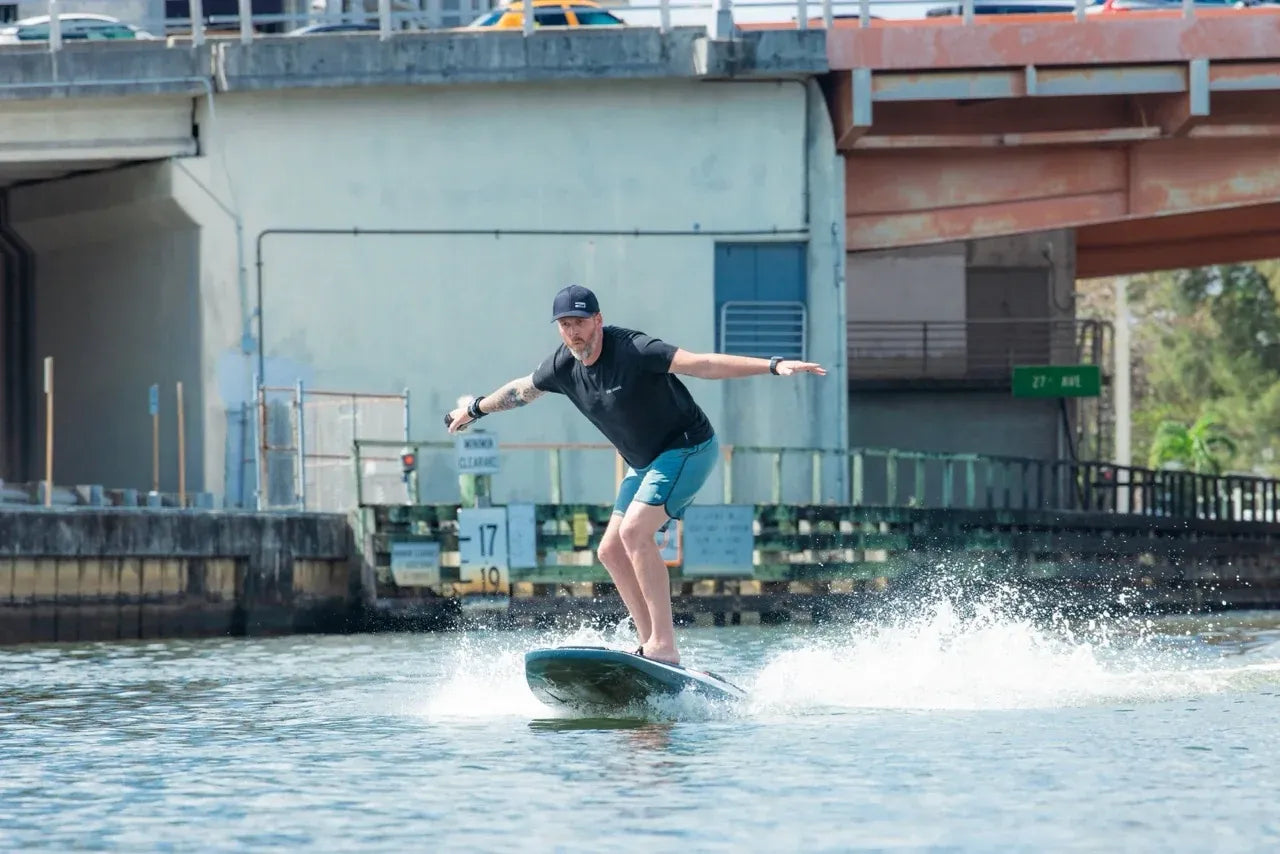 Awake RÄVIK Explore electric jetboard riding across flat water in Texas