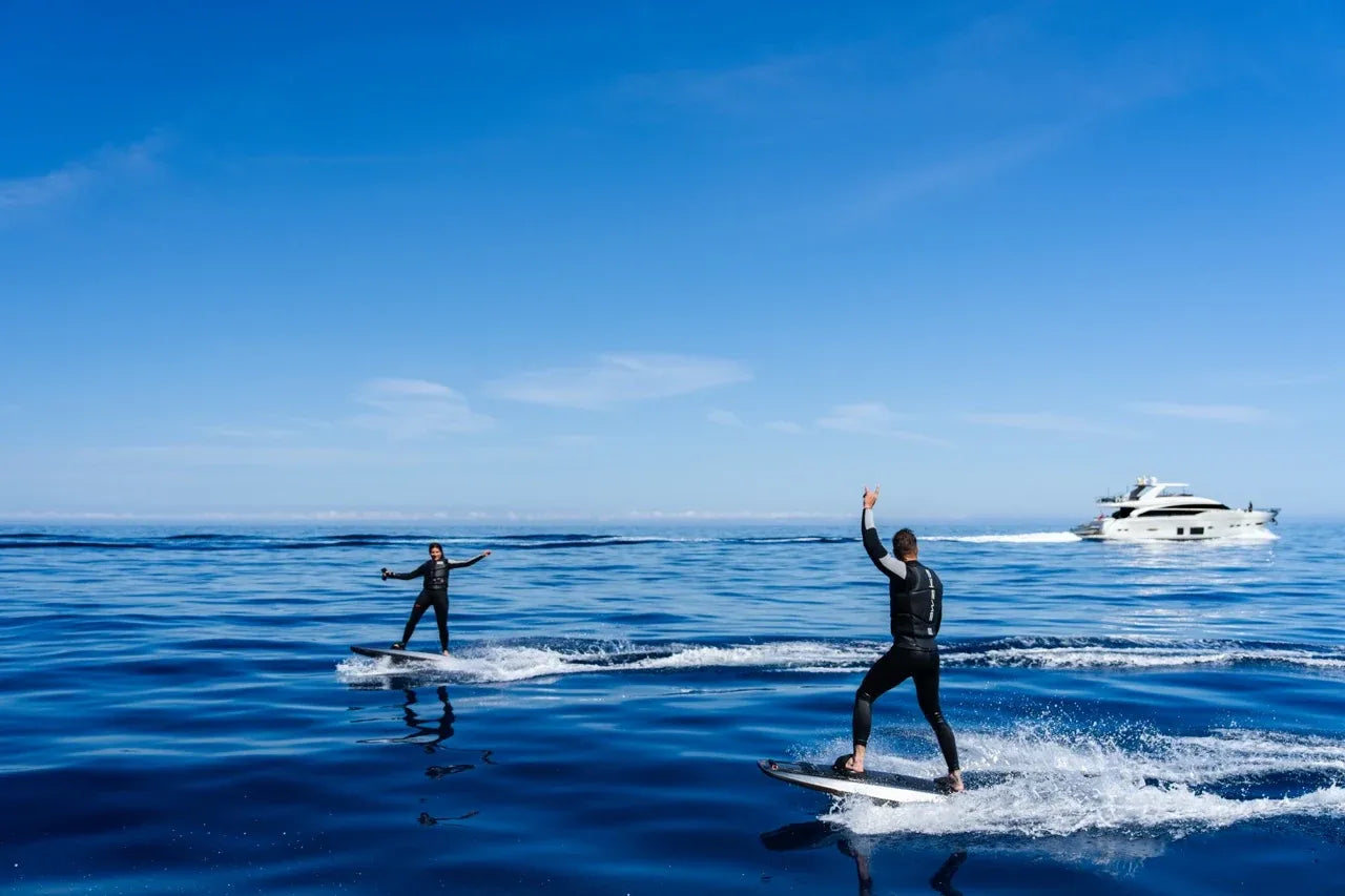 Rider on an Awake RÄVIK Adventure electric surfboard